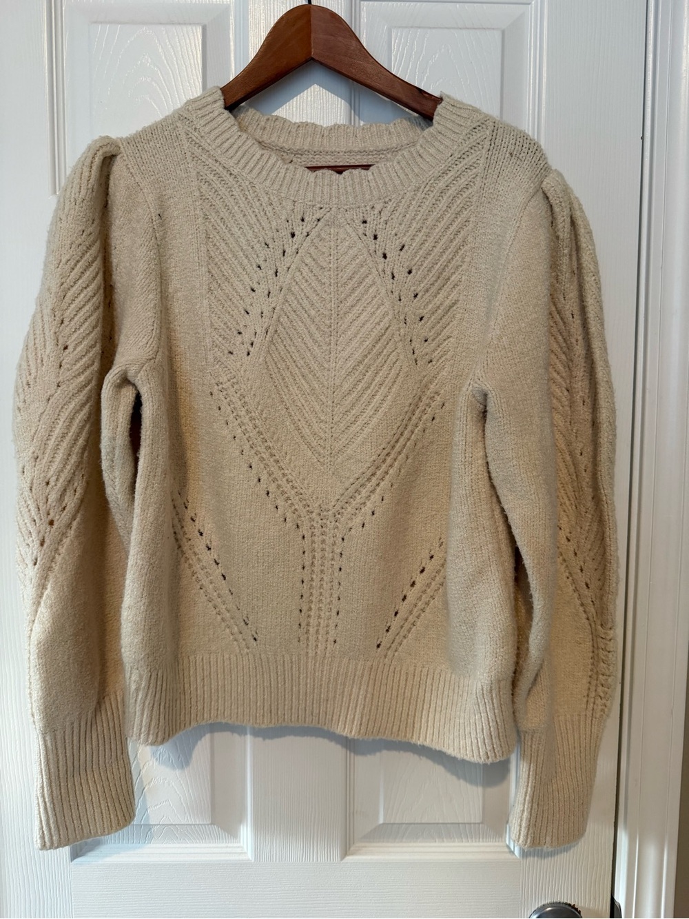 Anthropologie Cream Pointelle Puff-Sleeve Crewneck Sweater
